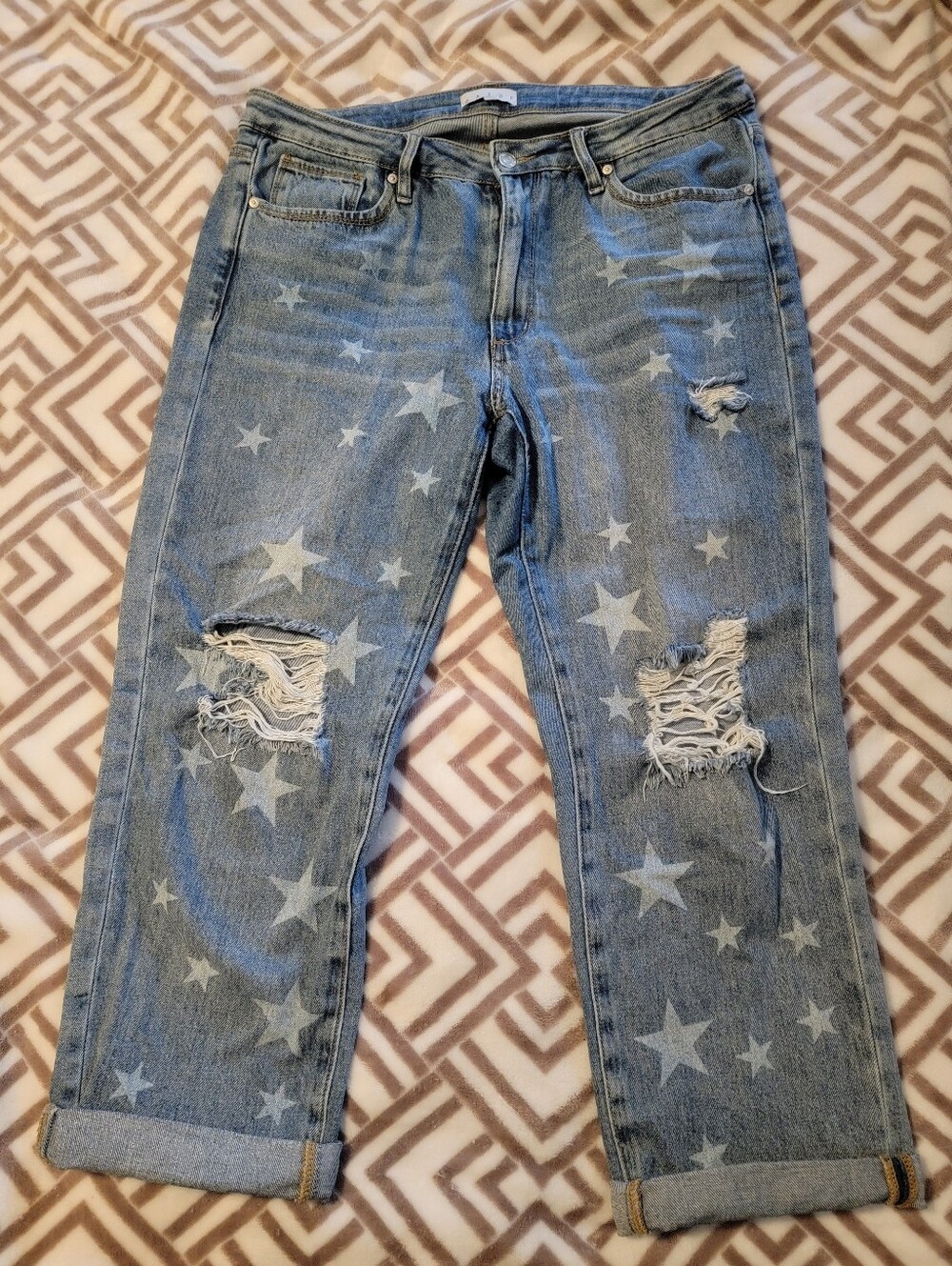 Saige Denim Star Print Distressed Boyfriend Jeans